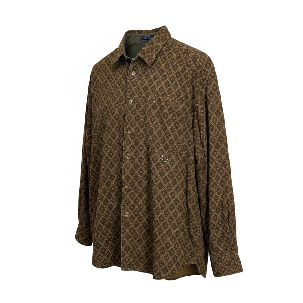 Tommy Hilfiger Vintage Olive and Brown Patterned Shirt Crest Logo Y2K